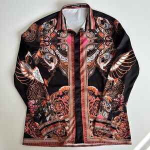 Alex Winer Wu Satin Button Up Shirt Bold Colorful Floral Bird Print Mens M